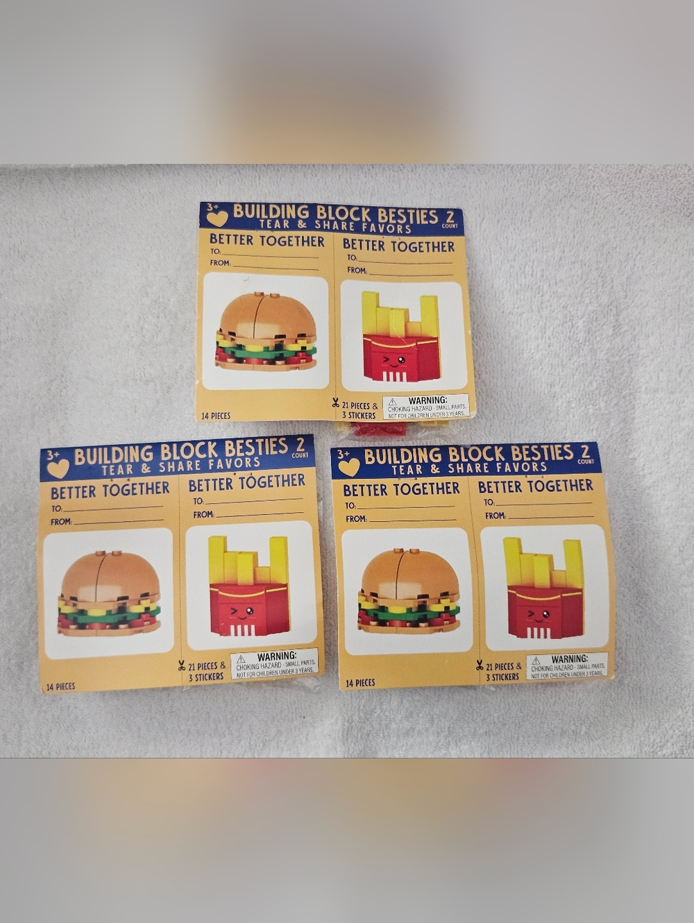 Lot of 3 Building Block Besties 2 Tear & Share Favors Burger & Fries